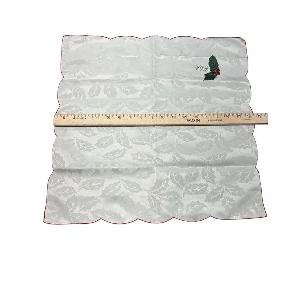 Vintage Christmas Holiday Green Cream Holly Floral Jacquard Table Runner+Napkins